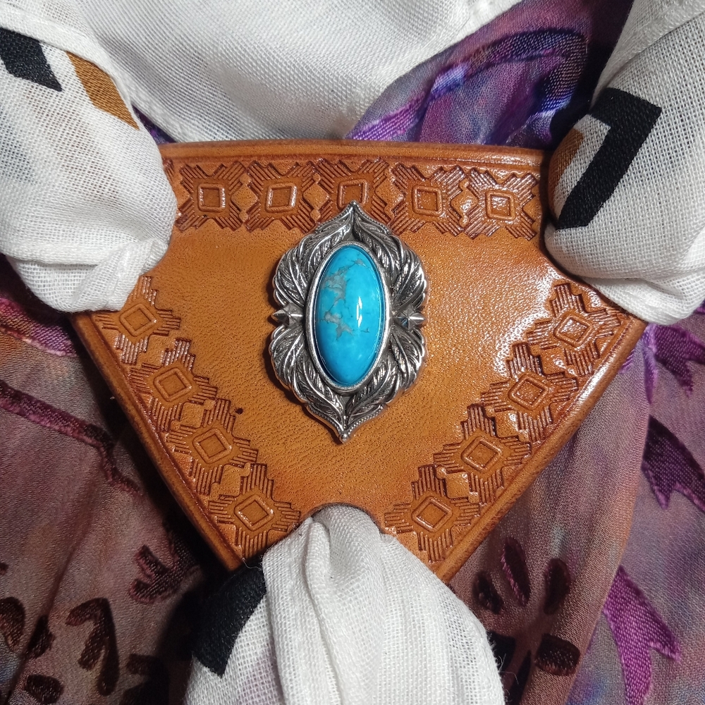 Western Leather Scarf Slide with Faux Turquoise concho